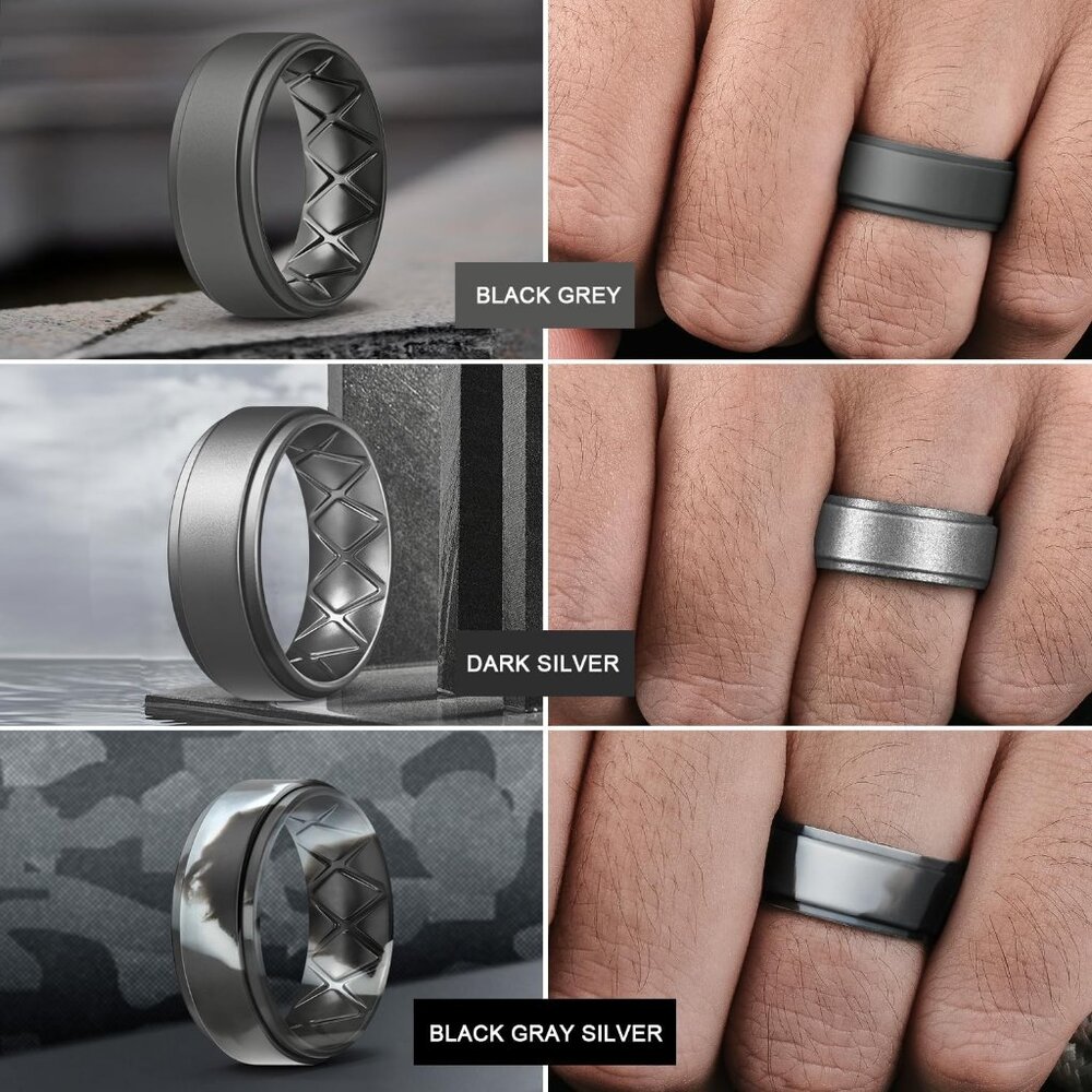 Mens Silicone Wedding Rings 8mm x 2mm, Step Edge Rubber Engagement Bands 1/4/7 M - Picture 3 of 6